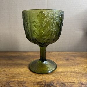 (1) Vintage 1975 FTD Pressed Green Glass Large Goblet Fall Glass Stemware 16oz